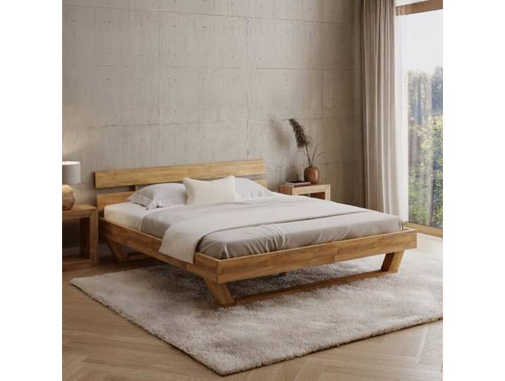 skølm Nornir Massivholzbett 180x200 cm, Bett mit Kopfteil, Massivholz Eiche Bettrahmen mit 2 Streben & Kufen Bettbeine, aus Massivholz, Holzbett hochwertig, Bettgestell geölt, geeignet als Doppelbett