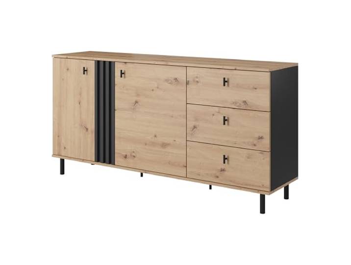 Masseno Kommode Maddalena 165 cm, Sideboard mit 3 Schubladen und 2 Türen, für Wohnzimmer, Schlafzimmer, Modern 165x40x83 cm, Anthrazit/Eiche Artisan
