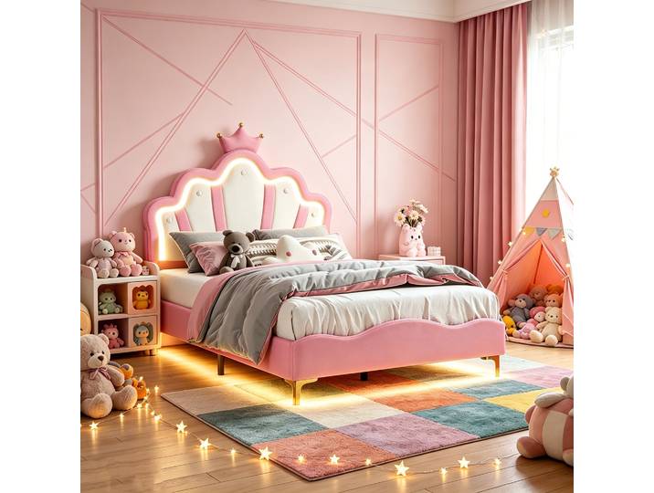 Lit Princesse 140 X 190\, Lit Enfant Avec Led\, Lit Fille\, Sommier Inclus\, Tête De Lit Réglable\, Chambre D'Adolescent\, Pu\, Rose