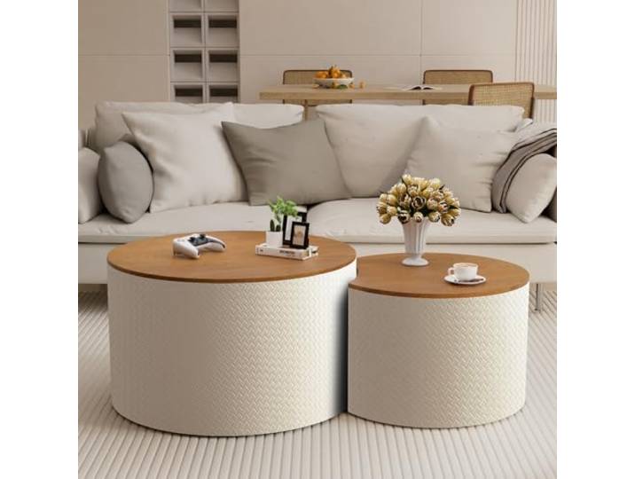 WXFKLDJ Weiß,Rundes Beistelltisch-Set (2er-Pack) mit Stauraum, moderner Couchtisch aus Holz (MDF-Rahmen) mit Lederoberfläche, Mitteltisch, Beistelltisch für Wohnzimmer, Schlafzimmer, Büro