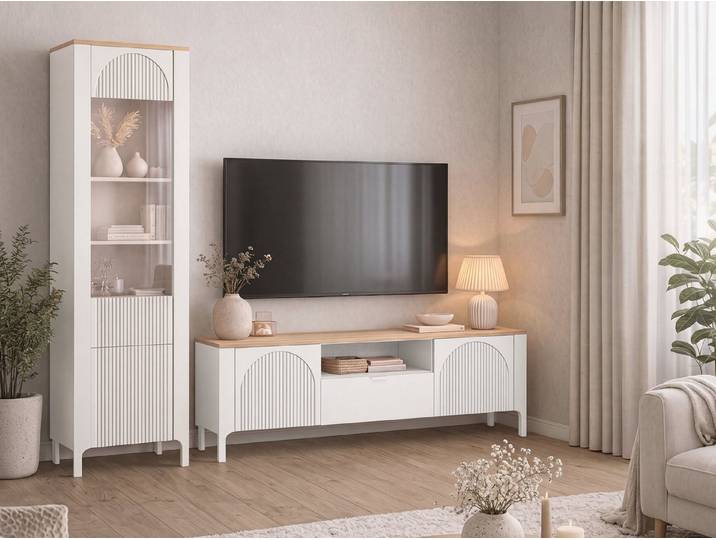 MIRJAN24 Wohnzimmer-Set Marbella II, (2er-Set, TV-Lowboard, Hochvitrine), Gehärtetes Glas 4 mm, Gedämpftem Schließsystem