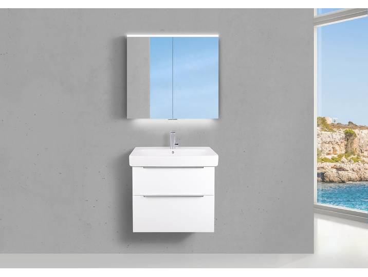 Badmöbel Set mit Geberit Smyle Waschbecken 75 cm, Unterschrank und Spiegelschrank