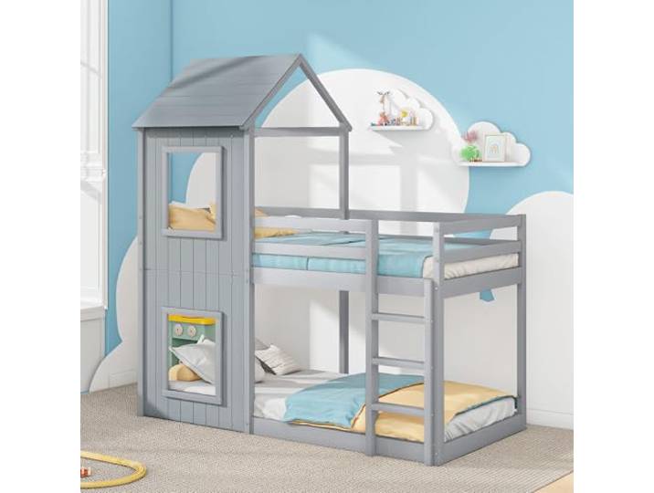 Bellemave Etagenbett 90x200,Hausbett Kinderbett mit Leiter,Massivholz Grau Sicherheitsgeländer rundherum, Kiefer‑MDF Konstruktion, belastbar bis 120 kg, einfache Montage, liefert in 2 Paketen