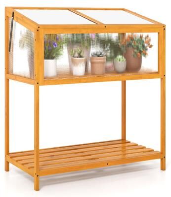 Costway Wood Cold Frame Greenhouse with Transparent Openable Roof and Slatted Storage Shelf-Orange