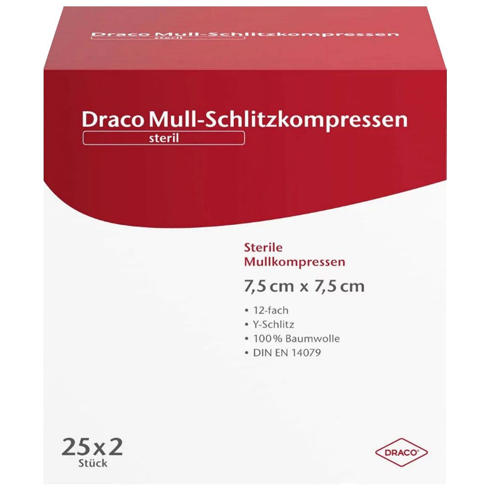 Schlitzkompressen Mull 7,5x7,5 cm steril 12fach 25x2 St Kompressen