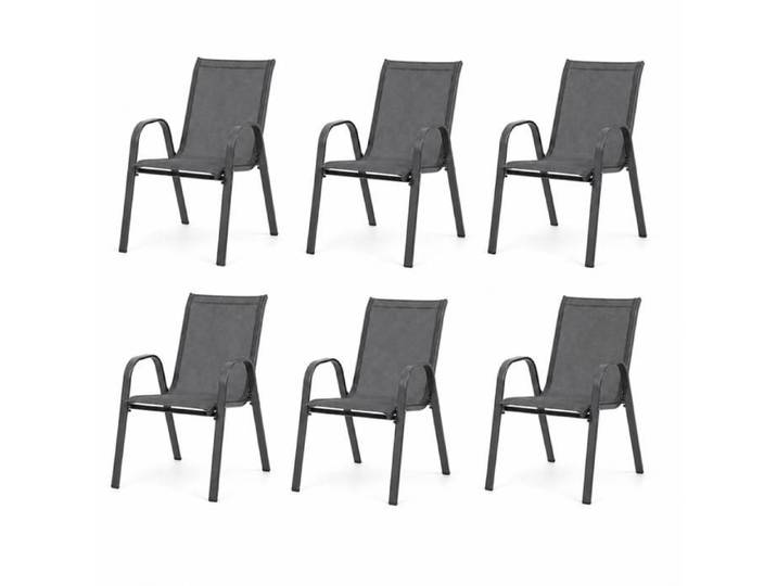 Lot de 6 chaises de jardin empilables textilène gris TERRE JARDIN - Assise 39 cm - Charge 150 kg - Lot de 6