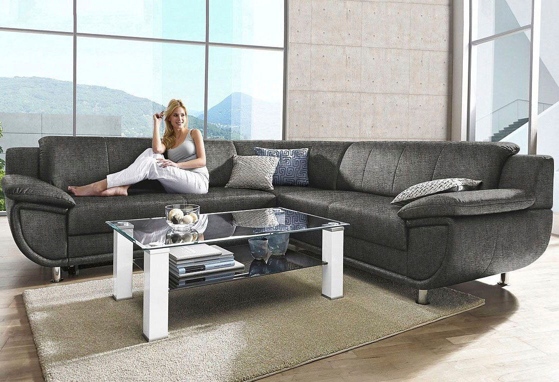 Ecksofa TRENDMANUFAKTUR "Rondo 267 cm, elegant, bequem, Breite, L-Form, Chromfüsse", grau (anthrazit, grau), B:267cm H:85cm T:247cm, Microfaser PRIMABELLE (100% Polyester);Kunstleder SOFTLUX;Struktur (54% Polyacryl, 46% Polyester);NaturLEDER (echtes Rinds