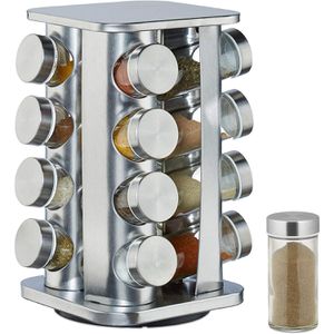 Relaxdays Gewürzkarussell 10026459, drehbar, aus Edelstahl, mit 16 Gewürzgläsern, silber