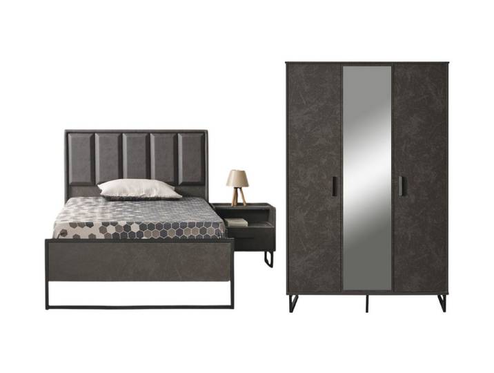 Villa Möbel Jugendzimmer-Set Alanya, (Jugendzimmer-Set, 3-tlg., Bett mit Kopfteil, 1 x Nachttisch und 3 trg. Kleiderschrank), Bett Schreibtisch Regal mit Anthrazit Optik und Lernplatz