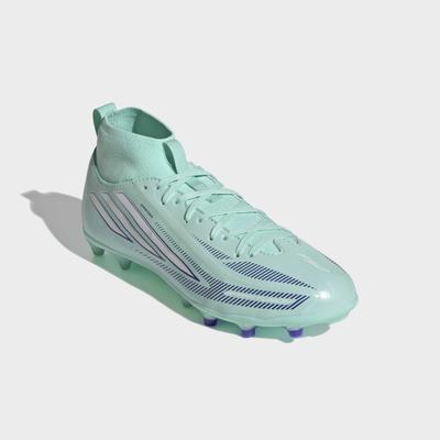 Fußballschuh ADIDAS PERFORMANCE "F50 SPARKFUSION LEAGUE KIDS, NATURRASEN / KUNSTRASEN, HALBHOCH", Herren, Gr. 35, grün (clear mint, ftwr weiß, solar lila), Synthetik, Textil, Schuhe Fußballschuh, für Rasen und Kunstrasenplätze geeignet