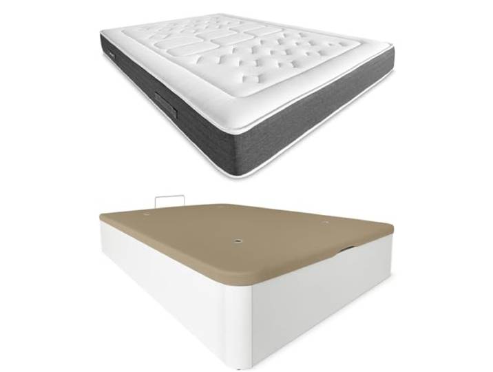 DUÉRMETE ONLINE Weiß, viskoelastische Matratze, Bio-Natur, Dicke 24 cm + Boxspringbett aus Holz, hohe Kapazität, Farbe, 90 x 190 cm