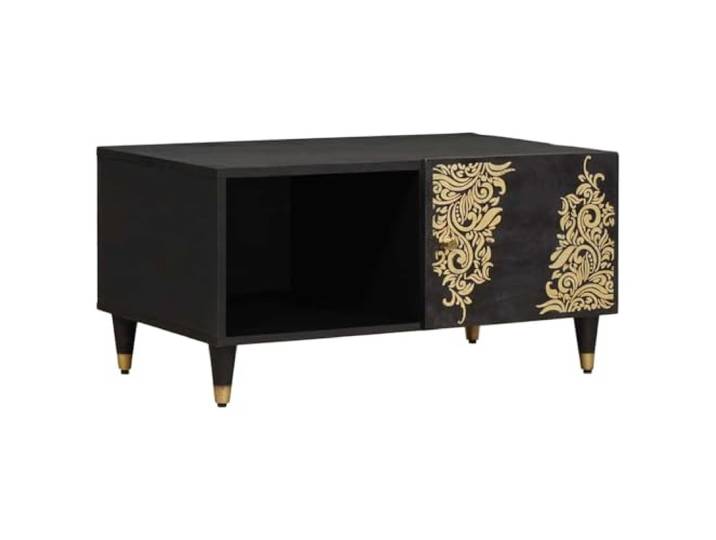 LKJephalotrope Couchtisch Schwarz 80x50x40 cm Massivholz Mango Stauraum Handgefertigter Beistelltisch fürs Wohnzimmer mit Messingknöpfen, verdecktem Staufach und robuster Holzstruktur.