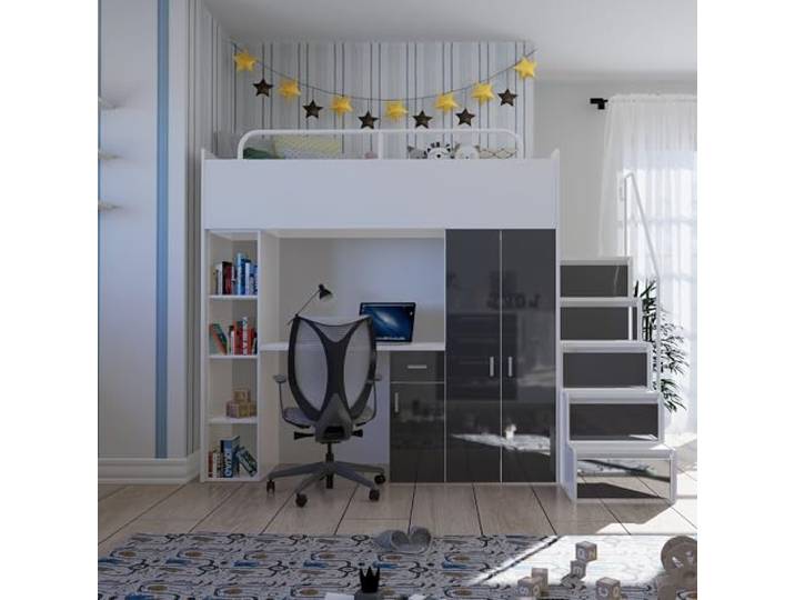 Marlux-Meble Hochbett JSM-4 80x190 mit Kleiderschrank Schreibtisch und Treppe Hochglanz Kinderbetten Funktionsbett Etagenbett Stockbett Kinderhochbett Jugendhochbett (Graphit Glanz)