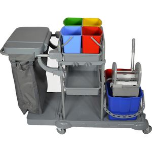 Böttcher-AG Reinigungswagen Prince PE, Systemwagen, mit Presse, Müllsackhalter & 6 Eimern 4x 6 & 2x 18 Liter