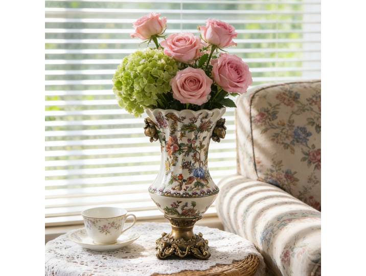 Vase en céramique HYS rétro effet craquelé, ornement créatif pour la maison, vase européen à deux poignées sur pied haut