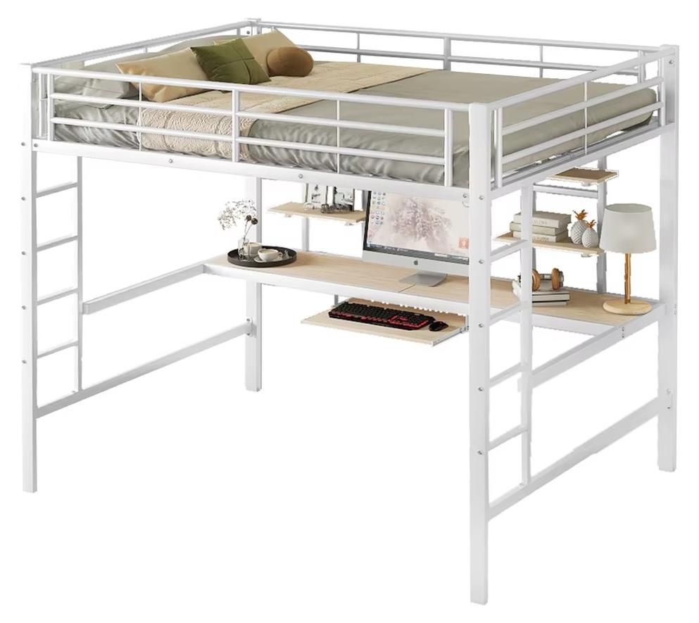 Metall-Etagenbett - Matratzenmaß 90 x 200 cm - Schreibtisch - 2 Bücherregale - Stauraum - Gesamtgröße 140 x 200 cm - Weiß