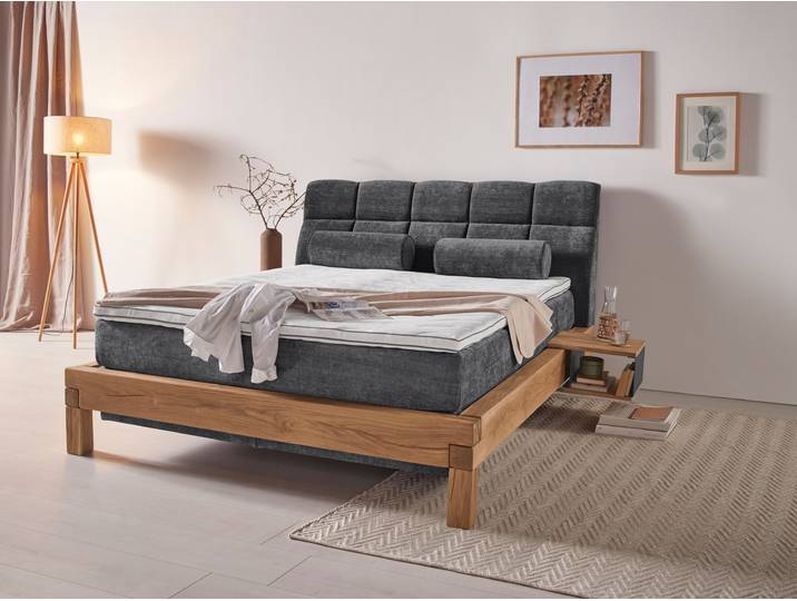 Boxspringbett, Massivholz, Grau Ferro, 160×200 cm, 7-Zonen-Taschenfederkern, Klassisch, Home Affaire