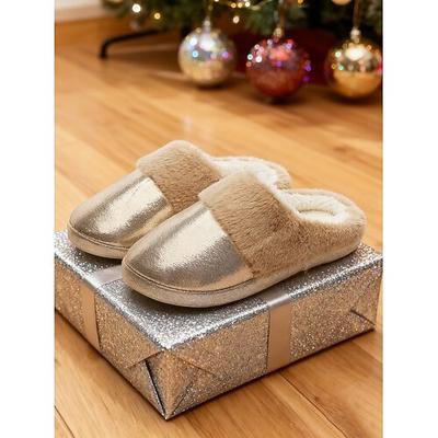 Rosa Metallic-Hausschuhe für Damen mit Kunstfellbesatz – glänzende, flauschige Hausschuhe zum Hineinschlüpfen, ideal für Schlafzimmer, Wellness-Tage, als Geschenk für Brautjungfern oder zum Valentinstag.
