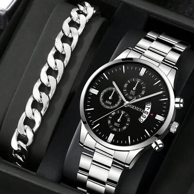 Combo Retail Shop Fashion Men Watch Luxury Quartz Wrist Watch, Business Watches Man Clock, Male Bracelet Wrist Watch silver Black