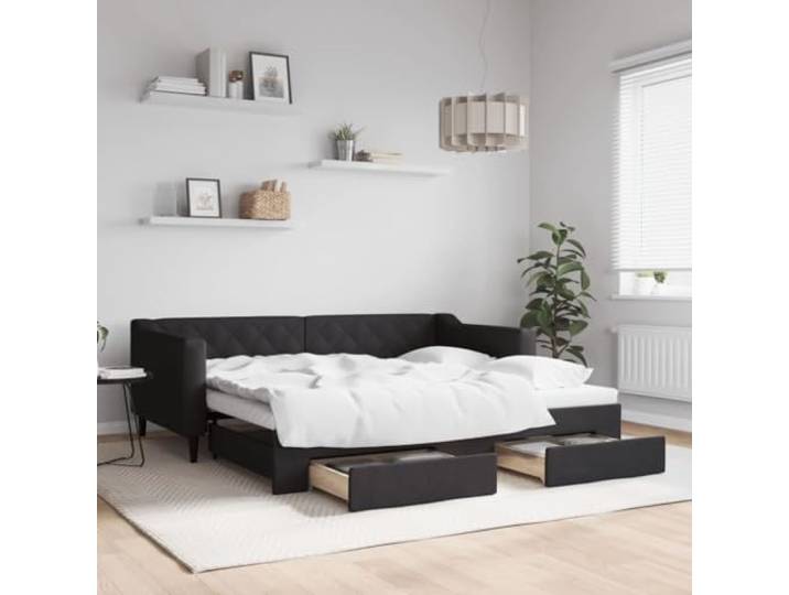 RJPLMFV Tagesbett mit Ausziehbett, Schwarz, 90 x 190 cm Schlafsofa, 2-in-1, 2 Schubladen, Aufbewahrung, langlebiger Stoff, Struktur aus Holz und Metall