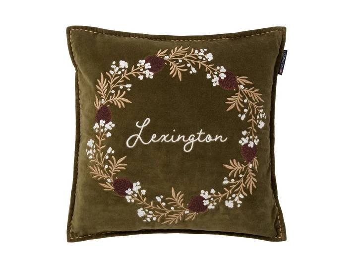 Lexington Housse de coussin Wreath coton écologique velours 50x50 cm Olive-brown-white