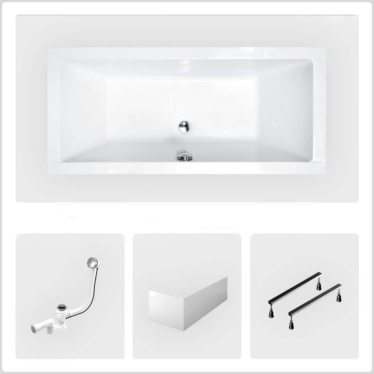 Rechteckige Badewanne - 190 x 90 cm - mit Frontschürze - Füße - Chromablauf - QUADRO