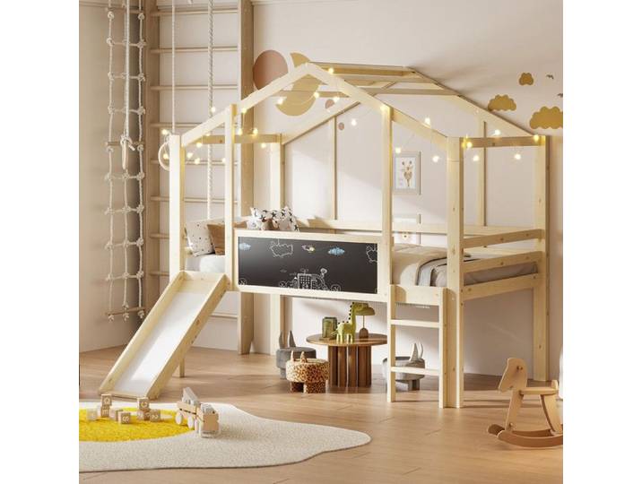 Lit mezzanine enfant 90x200 cm - Avec échelle de sécurité - Tboggan de sécurité - Tableau à dessin - Naturel (matelas non inclus)