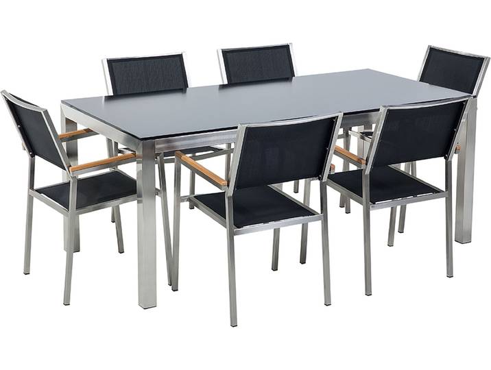 BELIANI Gartenmöbel Set Schwarz Sicherheitsglas Edelstahl Tisch 180 cm 6 Stühle Terrasse Outdoor Modern