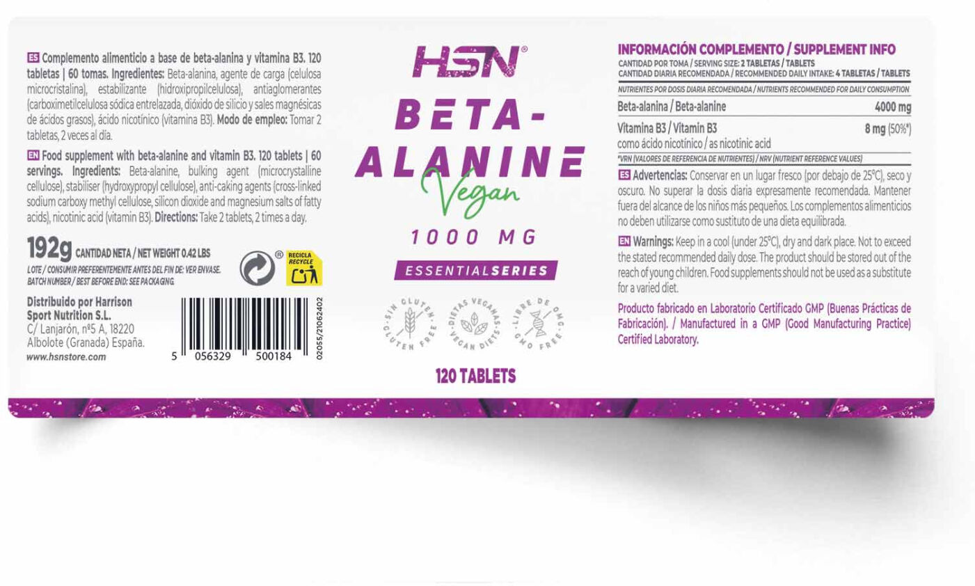 HSN Beta-alanina 1000mg - 120 tabs - Pré-treino - Tabletas - 60 Serviços
