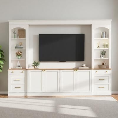ZWYO HOSIMU "106"" Farmhouse Arched Wall Unit with Bookshelves, 4 Cabinets, 2 Drawers, 8 Shelves & 110lbs Top Capacity"