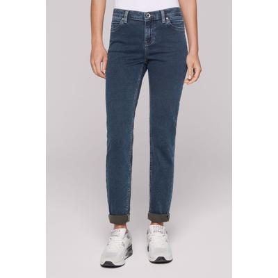 Slim-fit-Jeans SOCCX, Damen, Gr. 31, Länge 30, blau, Sweatware, Material: 98% Baumwolle, 2% Elasthan, Zusatz: Enthält nichttextile Teile tierischen Ursprungs (Badge), Abriebeffekte, slim fit, Jeans Slim-fit-Jeans, mit normaler Leibhöhe