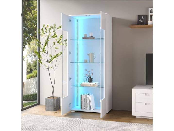 MEULVA Vitrine de salon haute 70x40x173 cm 2 portes acryliques MDF blanc brillant LED verre trempé
