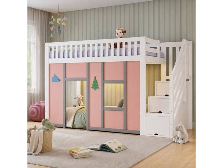 Maisentiel Lit mi-hauteur enfant 90x200 cm blanc et rose en bois avec escalier de rangement et LED