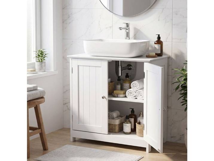 Meuble sous lavabo - 60x30x60 cm - Découpe siphon - 2 portes - Finition blanche brillante