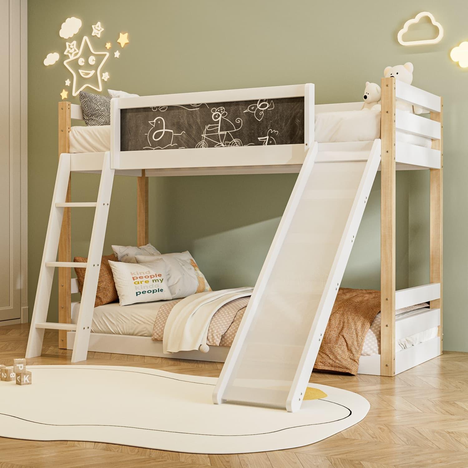 Etagenbett für Kinder mit Rutsche & Treppe, stabilem Wood+PB-Rahmen, 4-seitigem Schutzgitter, umweltfreundlich 747-,90×200+90×190 cm