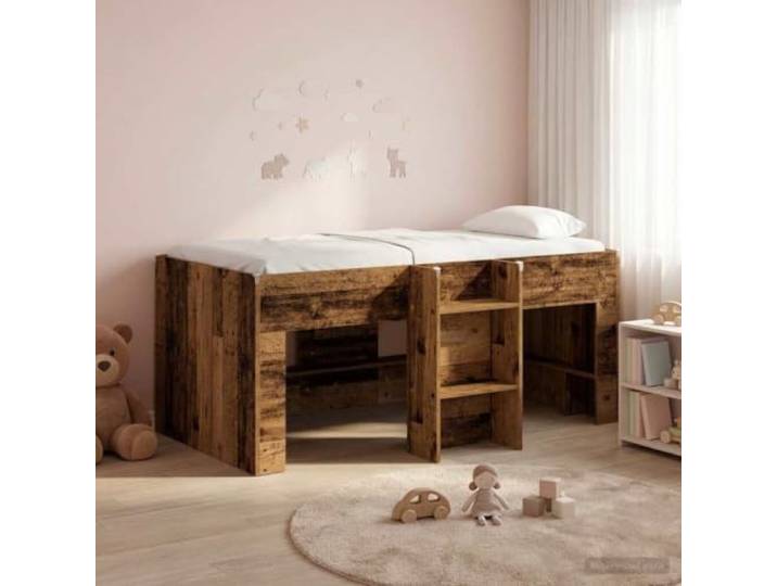 SKTQYQO Hochbett für Kinder, antikes Holz, 80 x 160 cm Holztechnik, integrierte Leiter, Unterlagerung, TPE-Eckprotektoren