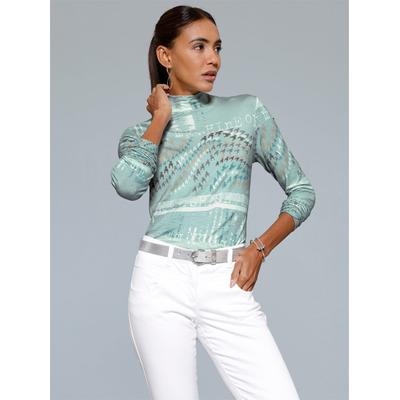 Stehkragenshirt CREATION L "Druck-Shirt", Damen, Gr. 42, grün (kalkmint, zartmint, bedruckt), 95% Viskose, 5% Elasthan, gemustert, Shirts Stehkragenshirt
