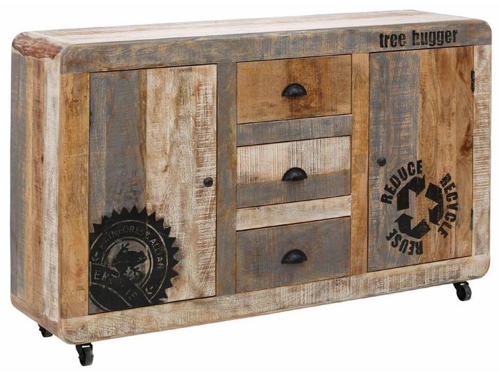 loft24 Sideboard Bulky, Schrank, Anrichte aus Mangoholz massiv mit Rollen, Industriestil