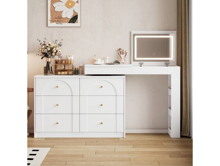 Coiffeuse rotative blanche 105 x 40 x 80 cm avec miroir LED 7 tiroirs et bureau 2 en 1