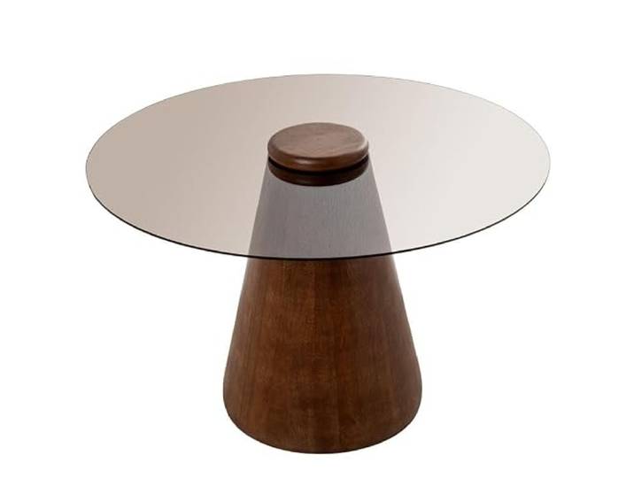 DRW Beistelltisch mit Holzsockel und Glasplatte in Braun und Transparent, 50 x 80 x 80 cm