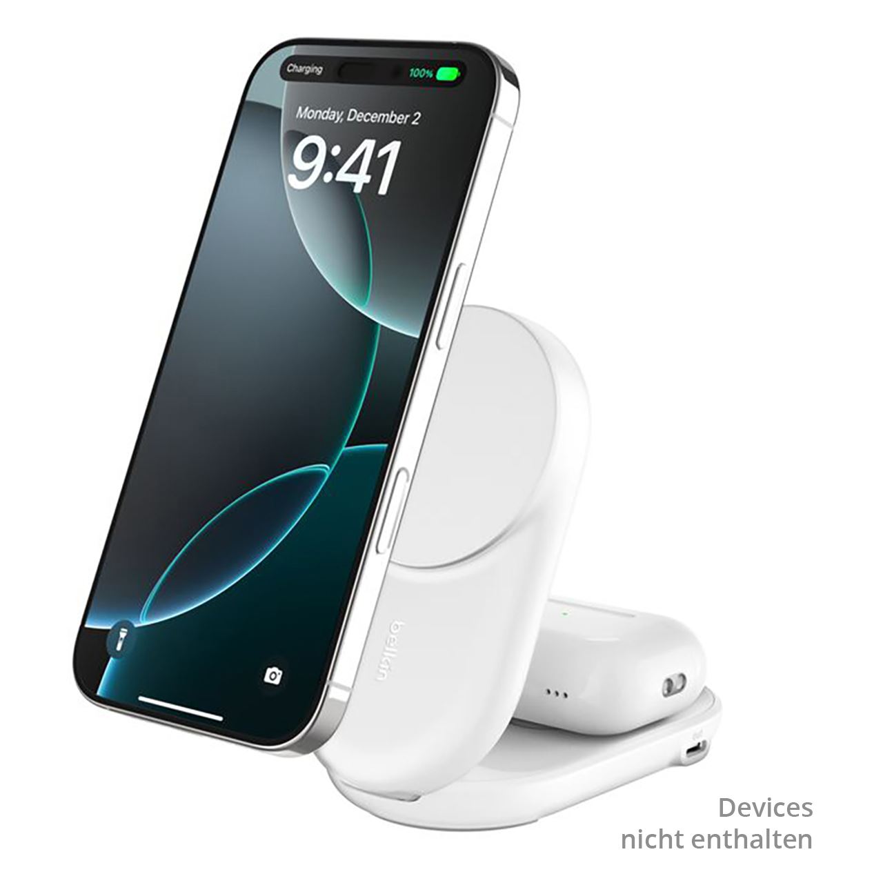 Belkin ULTRACHARGE 25 WATT QI2 MAGNETIC 2-IN-1 LADESTATION KLAPPBAR RUND WEISS