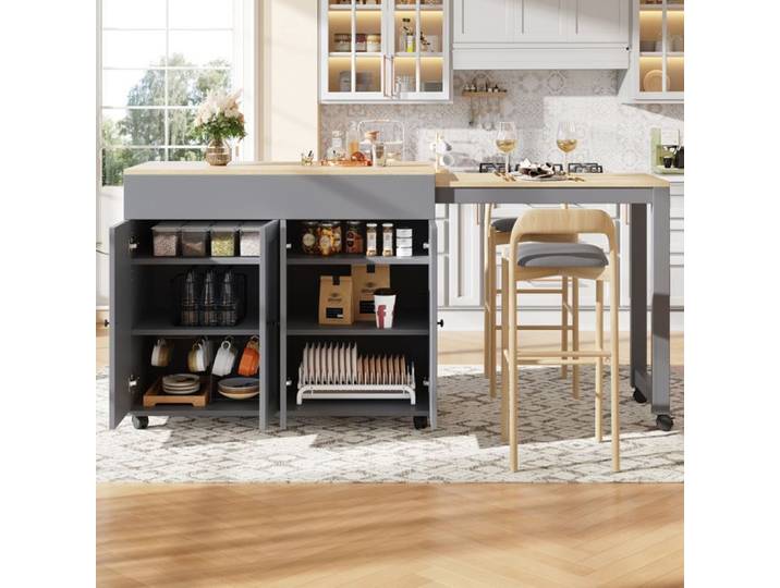 Table de bar extensible - 118-180x50x94 cm - 6 compartiments rangement - MDF gris - roulettes