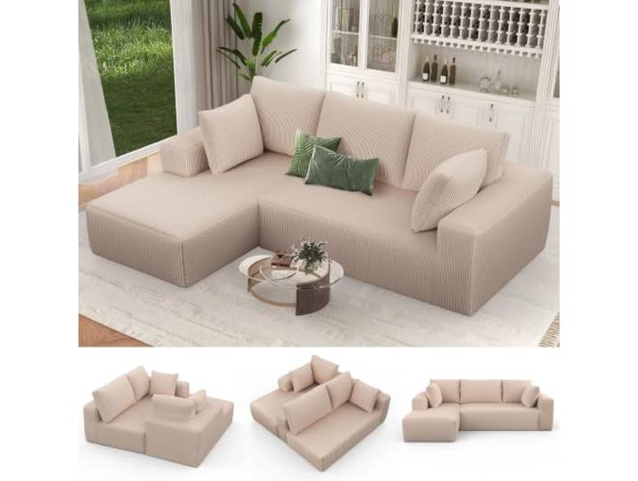 Aotumm Ciort Modulares Sofa, L-Form Cloud Couch Ohne Montage, Hellbraun Modulares Sofa 267cm aus Cord, Tiefes Ecksofa mit Schlaffunktion, Keine Montage, Große Polsterecke fürs Wohnzimmer
