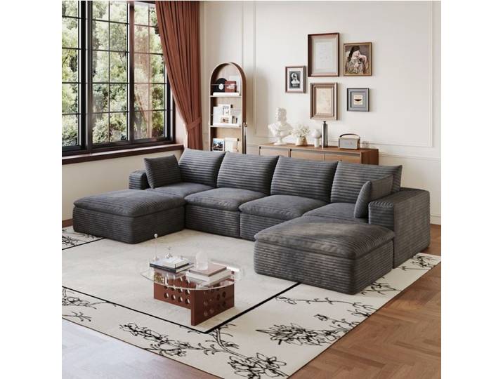 Modenuit Canapé modulable 6 places en U 340 cm velours côtelé gris foncé