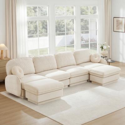 Loedds 137-inch 4-Seat U-Shaped Modular Sofa with 2 Movable Ottomans, Round Pillows and Quilted Cushions
