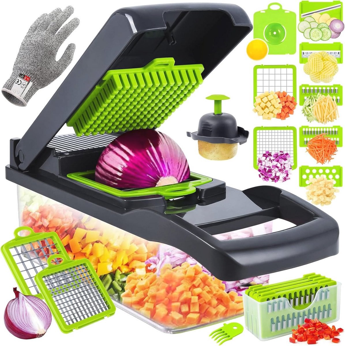 Multifunctionele mandoline groentesnijder met meerdere messen en vingerscherm, groen/zwart