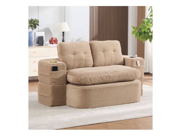 HAUSS SPOLE Schlafsofa 2-in-1 Loungesofa aus Cord,Relaxsofa Bodensofa mit Liegefunktion,Khaki, Multifunktionales Umwandlungsdesign – Ein Sofa, viele Wohnmöglichkeiten, Komprimiertes Bodensofa mit Getränkehalter & Seitentaschen