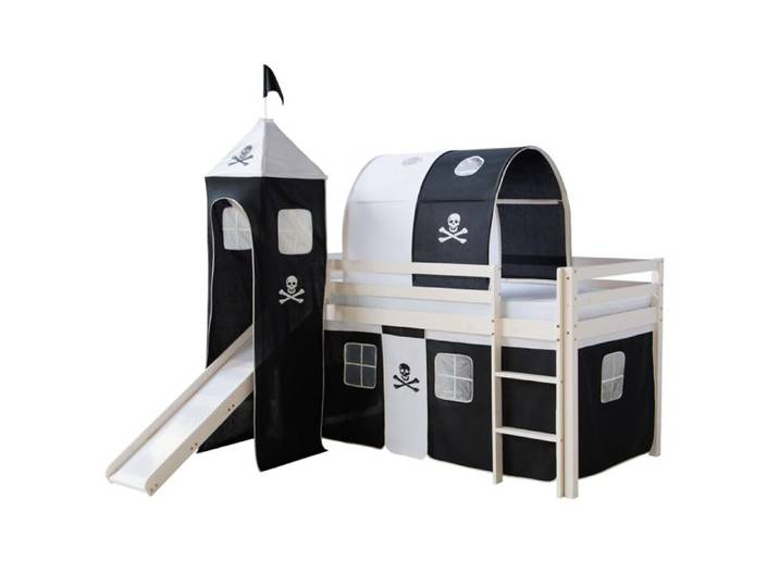 Lit mi-haut avec Tunnel Tour Toboggan Rideau Pirate Noir 90x200