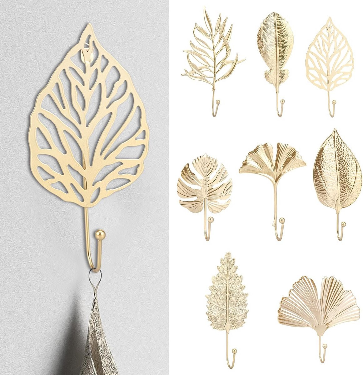 8x Decoratieve Wandhaken Goud Blad Haken voor Kleding, Sleutels en Sieraden