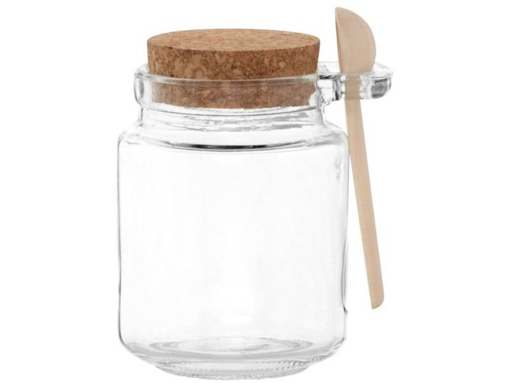 Gefäß aus transparentem Glas mit Holzlöffel